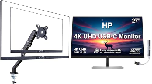 Image of HP 27 inch 4K UHD IPS USB-C Monitor with 5ms Response Time, Anti Glare, Flicker Free, VESA Mount (100mm), Displayport, HDMI, Black /Silver Color w /DKZ Hub & ErgoFlexy Single Mount Arm