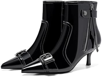 Coutgo Womens Kitten Heel Ankle Boots Pointed Toe Buckle Side Zip...