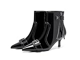 Coutgo Womens Kitten Heel Ankle Boots Pointed Toe Buckle Side Zipper Tassel Fall Winter Booties Shoes, Cool Black, Size 7