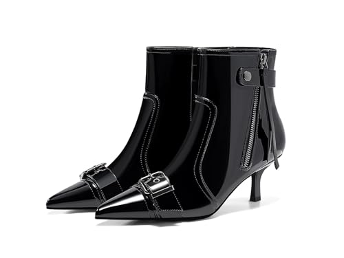 Coutgo Womens Kitten Heel Ankle Boots Pointed Toe Buckle Side