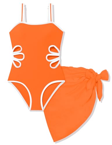 Girls Swimsuit Adjustable Straps Cut Out One Piece Bathing Suit with Solid Color Cover Up Skirt 7-16 Years