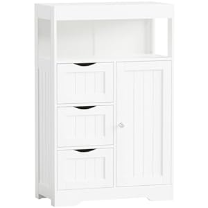JUMMICO Bathroom Floor Cabinet, Wooden Free-Standing Storage Organizer with 1 Door and 3 Drawers, Bathroom Storage Cabinet for Living Room/Kitchen/Hallway/Home Office (Light White, 3 Drawers)