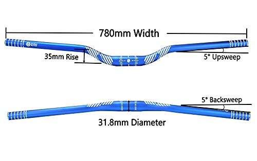 FIFTY-FIFTY Mountain Bike Riser Handlebar, Aluminum Alloy MTB Handlebar, 31.8mm Diameter, 780mm Wide Bicycle Bar (Blue, 35mm Rise) - Thumbnail 3