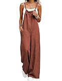 UANEO Jumpsuit for Women Cotton Linen Wide Leg Adjustable Strap Overall One Piece Summer Rompers Pants with Pockets (Rust-S)