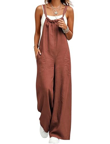 UANEO Jumpsuit for Women Cotton Linen Wide Leg Adjustable Strap Overall One Piece Summer Rompers Pants with Pockets (Rust-S)
