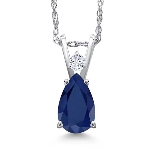 Gem Stone King 14K White Gold Blue Sapphire and White Moissanite Pendant Necklace for Women | 0.93 Cttw | Gemstone September Birthstone | Pear Shape 7X5MM | With 18 Inch Chain