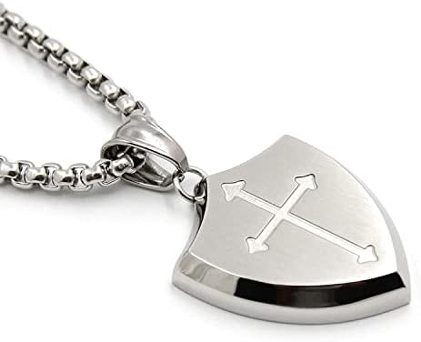 Lemu Stainless Steel Men Shield Armor of God Joshua 1:9 Faith Cross Pendant Necklace (Pendant with Chain 24 inches)