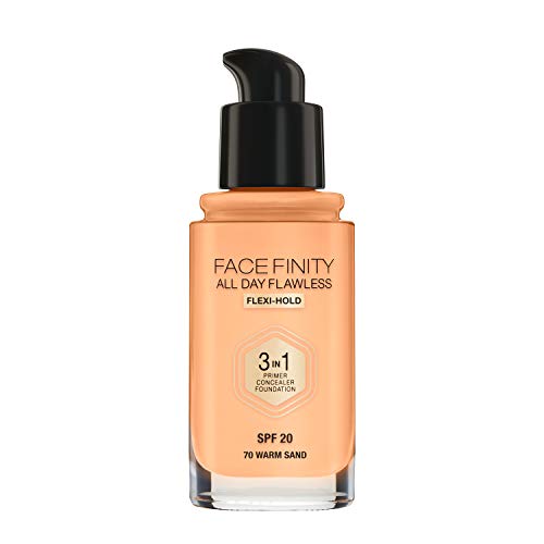 Max Factor Facefinity All Day Flawless Foundation in Warm Sand 70 – Primer, Concealer & Foundation in einem Produkt– Für ein ideal mattiertes Finish – 1 x 30 ml