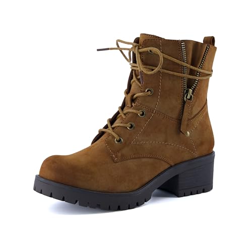 Image of Dunes Women's Kobe Heeled Combat Boots - Lace-Up with Side Zipper, Memory Foam Insoles, Faux Fur Lining, Vegan Nubuck Leather, Wide Widths Available