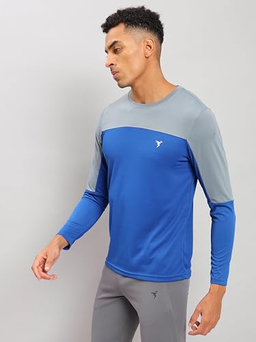 Image of TECHNOSPORT Men Colorblock Slim Fit Round Neck T-Shirt with TECHNOCOOL+ (Light Blue) Gym Tee Dry Fit T Shirt for Men Sports Top for Him