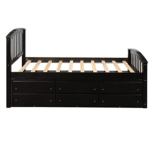 Julyfox Espresso Bed Frame Twin W/ 6 Drawers, Pine Wood Bed Platform With Headboard Footboard Wood Slats Daybed No Box Spring Needed Heavy Duty Captain’s Bed For Kids Teens Juniors Small Spaces #TOP1