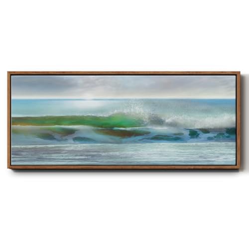Renditions Gallery Abstract Wall Art Paintings The Shining Green Wave Floater Frame Artwork Prints for Bedroom Kitchen Office - 12"x30" Walnut Frame LT619