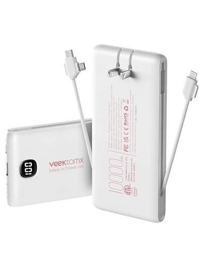 Power Bank 10000mAh with Built-in Cables & Wall Plug, White