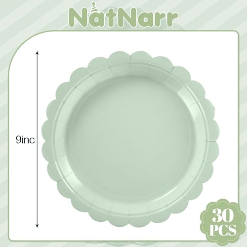 NatNarr 30 Pcs Sage Green Paper Plates 9 Inch Scalloped Party Plates Disposable Dinner Plate Green Dessert Plate for Birthday Baby Shower Wedding - Image 3