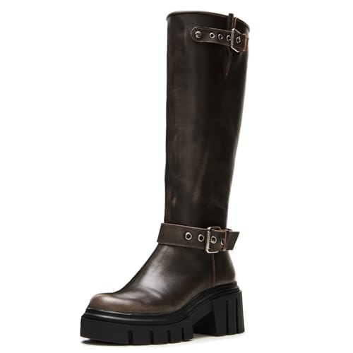 Seborluys Women's Knee High Riding Boots Side Zipper Platform Chunky Block Heel Motorcycle Boots Fashion Buckles Biker Tall Boot