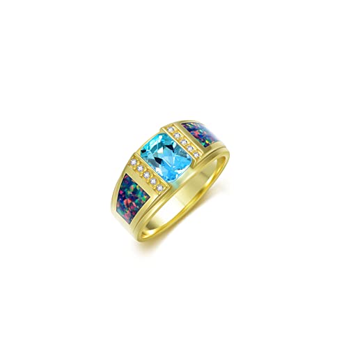 Square Sapphire with Opal Gemstone Wedding Ring for Men Sterling Silver Yellow Gold Plated Men's Ring Vintage Retro Jewelry