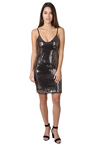 bebe Women’s Spaghetti Strap Cowl Back Sequin Stripe Bodycon Dress Black Gold XS