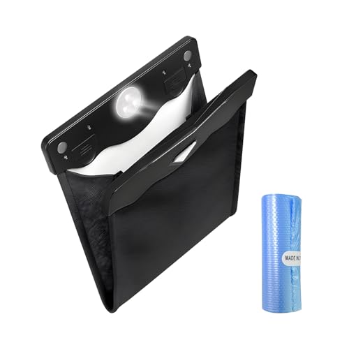 Image of Yourkar Car Hanging Trash Can, Magnetic Closure LED Light Auto Trash Bag Storage Pocket, Collapsible Waterproof Leather Hanging Trash Can with Disposable Trash Bag, Car Accessories (Black)
