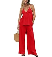 UNIANKIYA 2 Piece Linen Sets for Women Summer V Neck Sleeveless Tops and Wide Leg Pants with Pock...