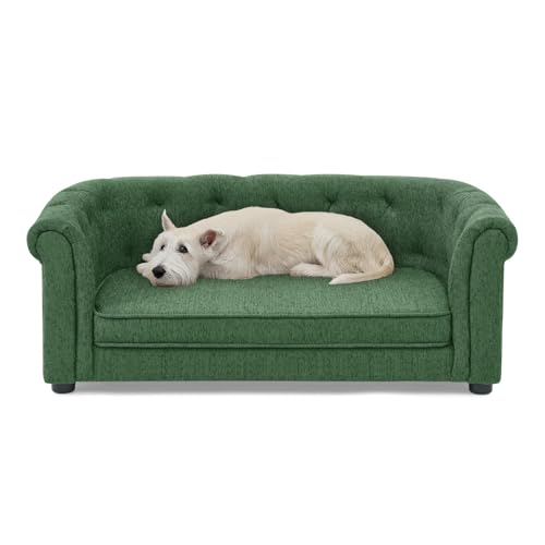 Zefvkip Pet Sofa with arc-Shaped backrest and armrests, Contemporary Rectangular pet Sofa Crafted from Breathable Linen Cozy Soft Cushion Dog Sofa -Green