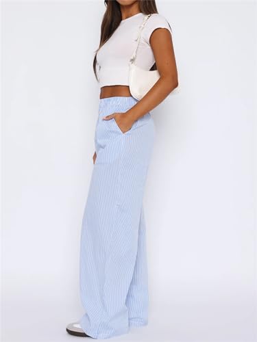 Women Y2k Striped Print Pants Casual Loose Fit High Waist Drawstring Wide Leg Pop Pants Vintage Streetwear Lounge Pants B Blue4
