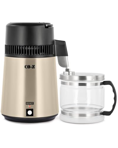CO-Z 4L Water Distiller Stainless Steel Countertop Distilled Water Maker 4 Litre Purifier Machine with Auto Shut Off for Home Kitchen Office CPAP & Humidifier Gold
