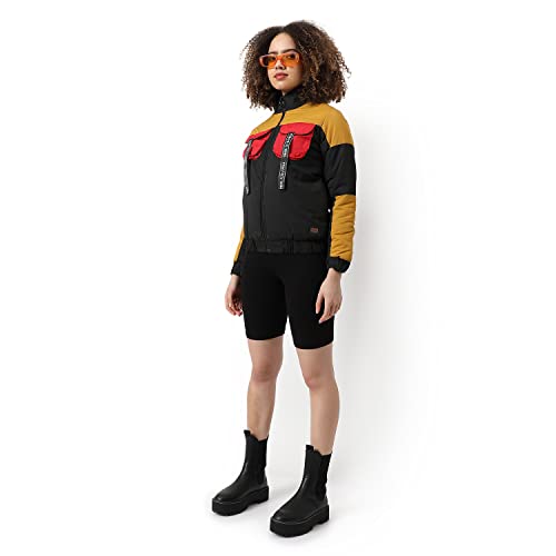 Image of Campus Sutra Women Mustard & Black Multicolour Puffer Regular Bomber Jacket For Winter Wear | Low-Cut Standing Collar | Full Sleeve | Zipper | Casual Jacket For Woman & Girl
