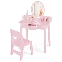 COSTWAY Kids Vanity Table and Stool Set, Princess Makeup Dressing Tables with 2-Color LED Lights Mirror, Tree-Shaped Jewelry Organizer, Drawer, Children Study Desk for Playroom Bedroom