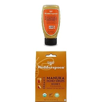 حزمة - Wedderspoon Raw Premium Manuka Honey KFactor 16 Squeeze Bottle 12 Oz and Manuka Honey Drops، Honey & Echinacea 4 Oz
