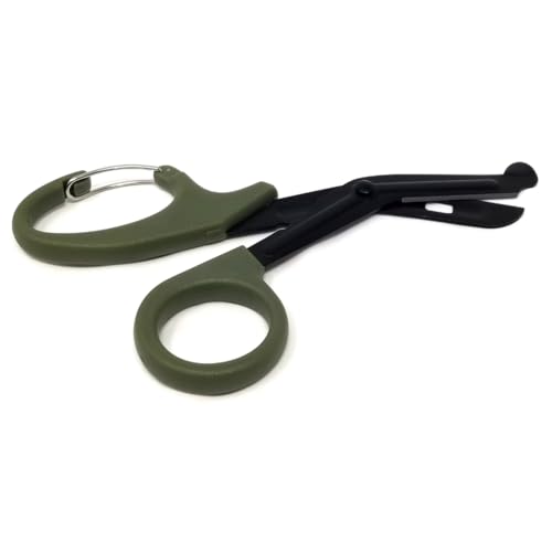 EMT 7.5” Trauma Shears with Carabiner Stainless Steel Large Bandage Scissors with Nonstick Fluoride Coating for Veterinary Technicians, Nurses, Paramedics, Emergency First Aid Kits (Green Handle)