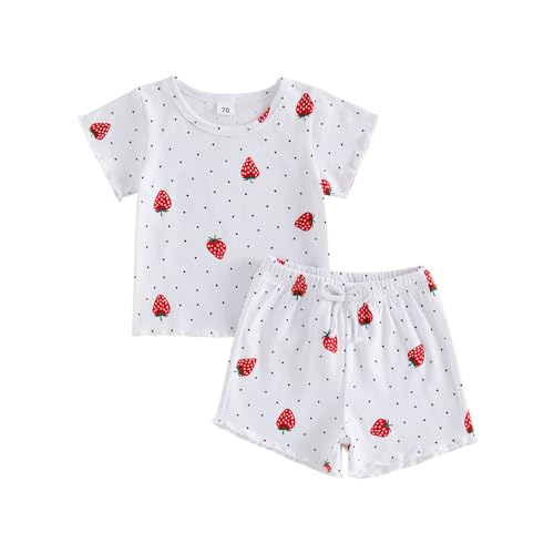 XIXIMAON Toddler Baby Girls Summer Clothes Strawberry Print Crewneck Short Sleeve T-Shirt Tops Shorts Set 2 Piece Cotton Infant Girl Outfits Set (Light White, 18-24 Months)