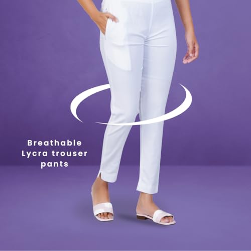 Image of Happy Bunny Cotton Blend Lycra Kurti Pants for Women, Soft 30% Stretch Full Length Trousers with Elastic Waist & Zip Pocket, Ideal for Office, Work, Casual, Home Wear Breathable Slim Fit