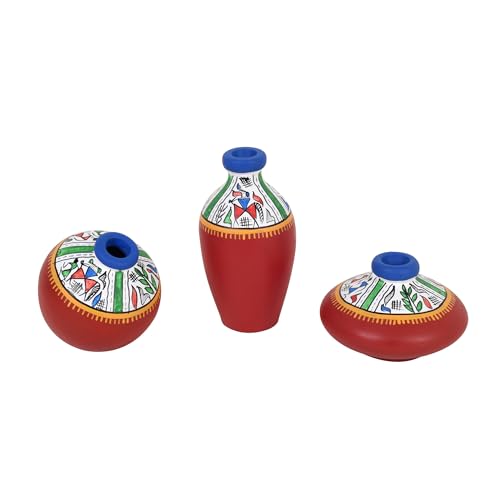 Image of Aakriti Art Creations Artisanal Harmony Vase Set of 3 | Hand-Painted Warli Art Terracotta Vases in Red | Matte Finish Decorative Vases for Living Room, Table Decor & Gifting