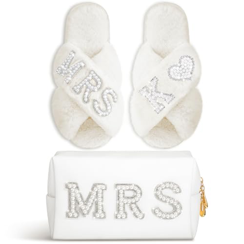 Image of Xtinmee Personalized Initial Wedding Bride Slipper Mrs Pearl Letter Makeup Bag Bachelorette Party Bridal Shower Wedding Gifts(K)