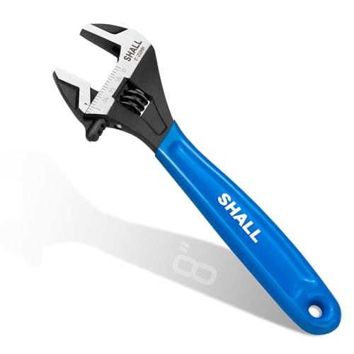 SHALL 8 Inch Adjustable Wrench Cr-V Steel Spanner with Cushion Grip Wide Jaw Black Oxide Wrench with Laser-etched SAE Scales for Home Garage Workshop and DIY