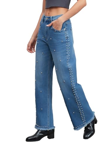 Studded Wide Straight Leg Jeans for Women Stretchy Mid Rise Baggy Raw Hem Rivet Denim Pants Trendy