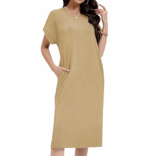 Image of Womens Casual T Shirt Dress Summer Fall Crewneck Loose Fit Side Split Knee Length Dress Ribbed Pattern with Pockets
