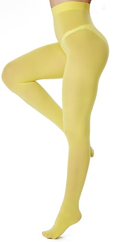 Hiltzo 80D Women's Tights Opaque Ultra Soft Solid Color Stretchable High Waist Footed Pantyhose with 25 Colors Yellow-Large-X-Large