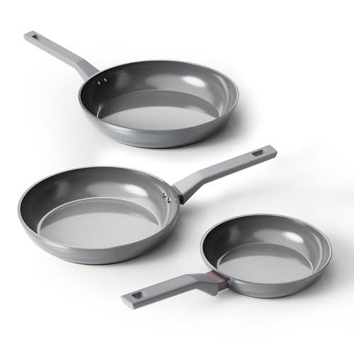Sanho Healthy Ceramic Non-Toxic Frying Pan Set, 3-Piece (8, 10 & 12 Inch) Non Stick Skillets, PFAS PTFE PFOA Free, Induction Compatible, Dishwasher Safe Gray Cookware Set