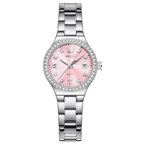 OLEVS Watch Women Pink Face Silver Watches for Women Dress Diamond Womens Watch Stainless Steel Waterproof Luminous Ladies Watches for Small Wrist Analog Quartz Date Luxury Reloj para Mujer