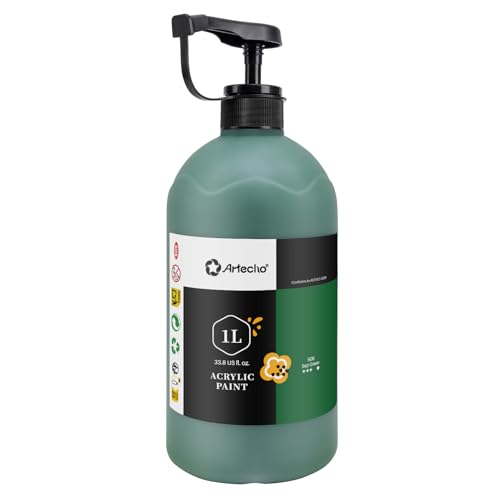 Image of Artecho Sap Green Acrylic Paint 1000ml / 33.8 fl oz Pump Dispenser | Large Bottle, Semi Glossy Finish, High Pigment Rich Color Craft Paint for Canvas, Rocks, Wood, Ceramic, Easy dispensing