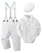 Amisssz Baby Jungen Gentleman Taufe Anzug, 4tlg Kinder Hochzeit Festlich Taufe Strampler mit Bowtie Hemden + Hosenträger Overalls Weiß, 12-18 Monate