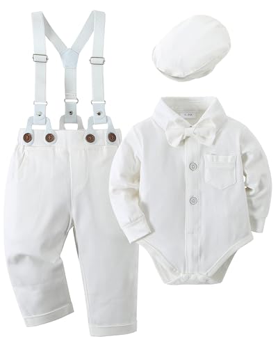 Amissz Tenue Bébé Garçon pour Bébés Costume Bapteme, Vêtement Mariage Bebe Chemise + Bretelle + Chapeau Gentleman Ensemble Blanc 12-18 Mois