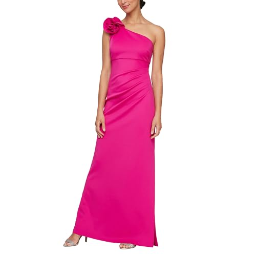 Image of S.L. Fashions Women's Long Length Scuba One Shoulder Gown W /Flower Detail, Wedding Guest Dress, (Petite and Regular Sizes)