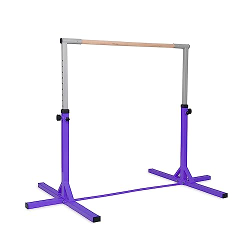 GYMAX Kids Adjustable Gymnastics Horizontal Bar, Children Sport Training Bar with Durable Beech Wood Bar and Steel Pole, Junior Kip High Bar for Home Garden (Purple)