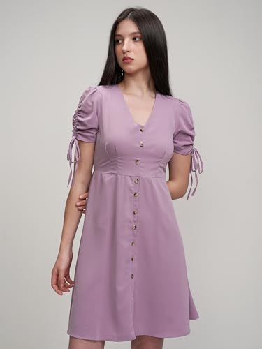 Image of Tokyo Talkies Women's Playful Mini A-Line Dress with Button-Front & Drawstring Sleeves