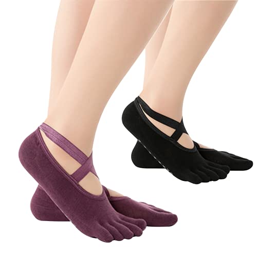 ヨガ ソックス 2足 セット 5本指 滑り止め レディース ヨガ靴下 22cm - 24cm ピラティス バレエ ホットヨガ (ブラック1足&パープル1足)
