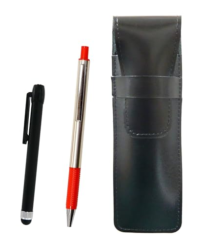 スリム牛革ペンケース黒 メタルタッチ棒黒とFB325アルミストレートノックボールペンセット 赤 ASB-ALB-FB325-R