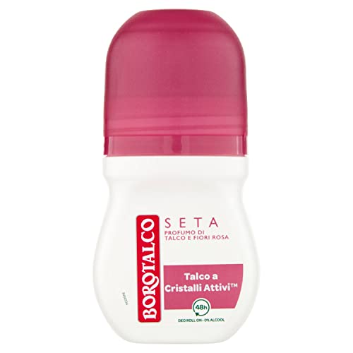 Borotalco, Desodorante roll-on de seda, fórmula sin alcohol y talco con cristales activos, triple protección contra la sequedad, aroma a talco y flores rosadas, eficacia 48h - 1 botella de 50 ml