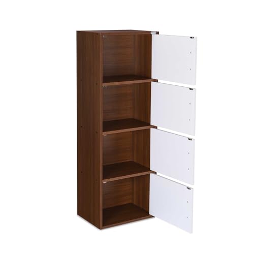 Image of Nilkamal Sear 4 Tier Wooden Storage Cabinet | Free Standing Book Shelf with 3 Doors & 3 Spacious Shelves | Engineered Wood | Organizer for Home & Office | Classic Walnut & White | DIY(Do It Yourself)
